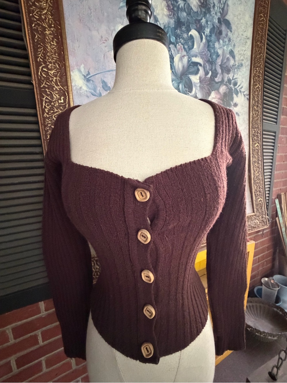 bebe Deep Brown Ribbed Scoop Neck Button-Up Sweater